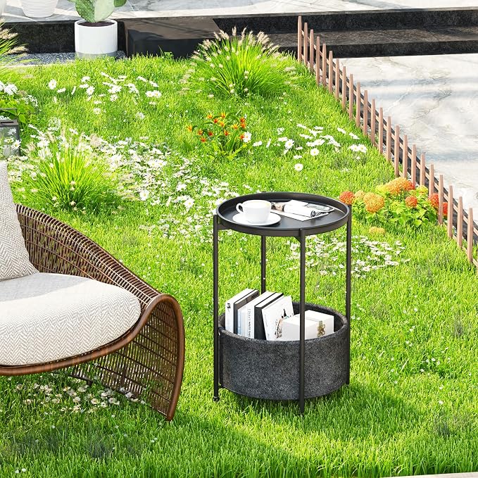 Garden 4 you Small Side Table, Mini Round End Table, Black Tray Table with Fabric Storage Basket, Modern Nightstand for Living Room, Bedroom, Patio, Small Space, 2pcs