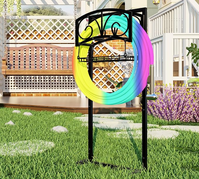 Fire Beauty Garden Hose Holder,Freestanding Water Hose Holder with Storage Basket,In ground Hose Rack Organizer for Outdoor,Detachable Hose Holder Stake,Hose Reel Stand for Outside Lawn Yard