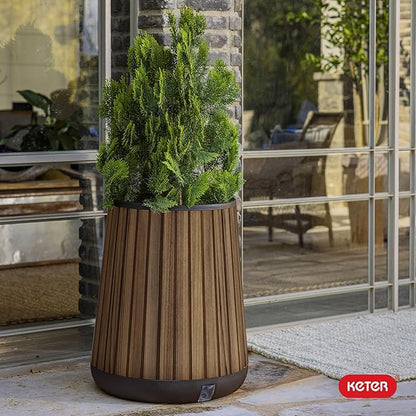 Keter Signature Conic 23.8 Inch Tall Round Large Wood Look Planter for Indoor or Outdoor Flower Pot Ideal for Patio Deck and Front Porch Decor, Rosewood