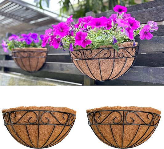 LaLaGreen Large Wall Planter Outdoor - 2 Pack, 14 Inch Large Fence Hanging Flower Baskets with Coco Liner, Herb Pots Holder Rail Planter Outside Railing Deck Porch Balcony Vertical Garden Privacy Wall