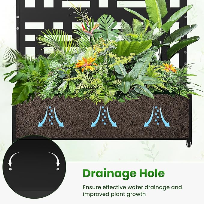 Nexum Metal Planter Box with Trellis & Wheels, 71"x47"x16" Planter Boxes Outdoor with Drainage Holes, Privacy Planters for Patio, Balcony, Backyard, Poolside