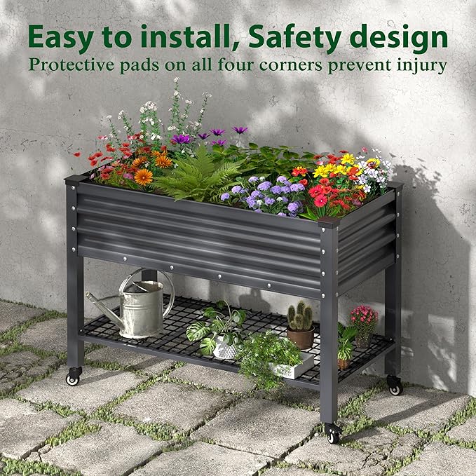 MUPATER Galvanized Steel Raised Garden Bed with Legs, 48" L x 24" W x 34" H Large Metal Elevated Raised Planter Box with Rolling Casters & Extra Bottom Shelf for Backyard, Garden, Patio, Balcony, Gray