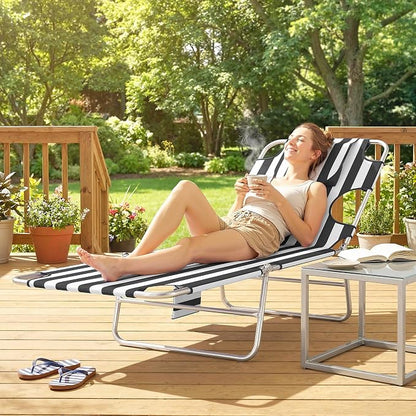 Outsunny Chaise Lounge Chair Outdoor with Face Arm Hole, 5-Position Reclining Face Down Tanning Chair with Carry Strap, Side Pocket, Portable Folding Bed Cot for Patio Beach Pool, Black Stripe