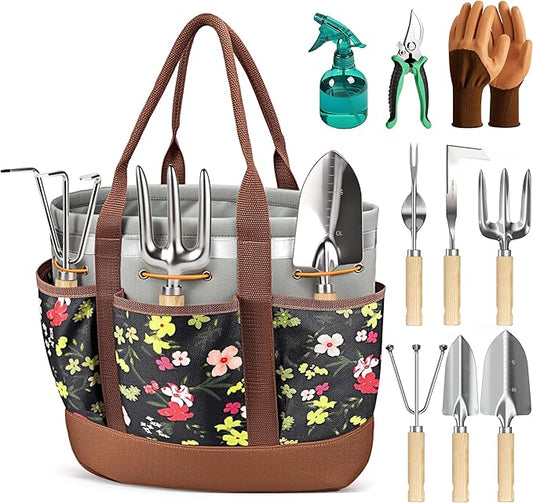 10-Piece Garden Tool Set, Heavy-Duty Stainless Steel Rust-Proof Gardening Tools with Ergonomic Wood Handles, Reinforced Organizer Handbag for Planting, Gardening Gift Set for Women, Mother
