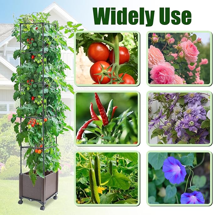 Quibbay Raised Garden Bed Planter Box with Trellis, 62.2" Self-Watering Tomato Planters for Climbing Plants Vine Flowers Outdoor Patio, Tomatoes Cage with Trellis Wheels for Outdoor, 1Pack