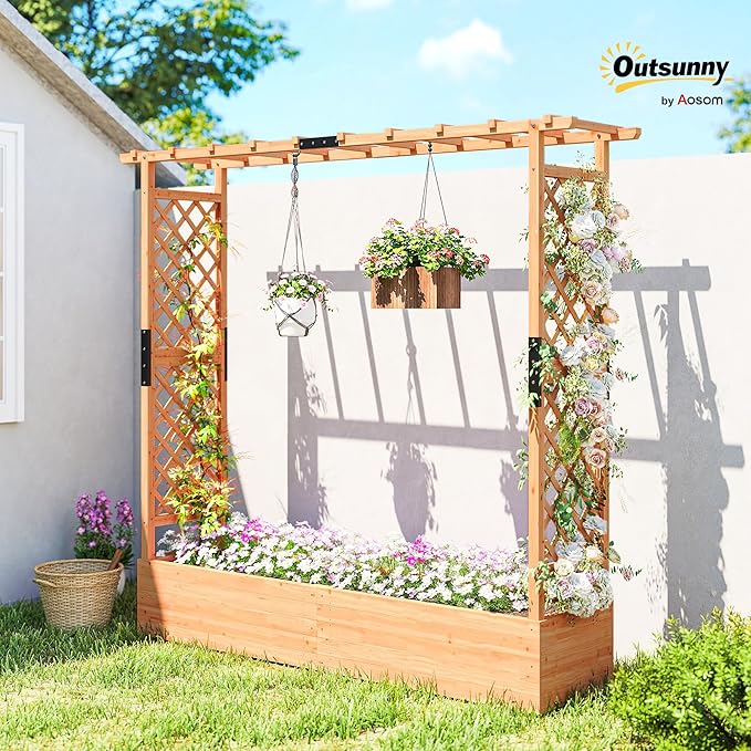 Outsunny Raised Garden Bed with Trellis, Wooden Planter Box with Hanging Roof and Drainage Holes, Outdoor Trellis Planter for Climbing Plants, Vegetables, Herbs and Flowers, 77.2" x 17.3" x 71.3"