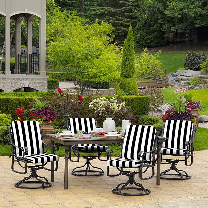 Arden 2-Pack Outdoor Patio Dining Chair Cushion, 20x44, Rain-Proof Seat Pad, Fade-Resistant Outdoor Cushion Black Cabana Stripe