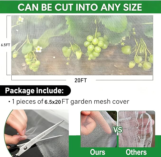 Garden Netting Pest Barrier 6.5x20FT Ultra Fine Insect Netting for Garden Raised Beds, Plant Net Mesh Cover for Garden Protection, Bird Bug Net, Greenhouse Row Cover Nets for Vegetables Fruits Flowers