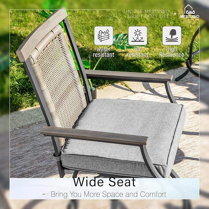 MFSTUDIO Outdoor Counter Height Bar Stool Set of 4, Swivel Rattan Backrest Metal Patio Bar Chair with Armrest and Cushion, All Weather Resistant Patio Chair, Grey