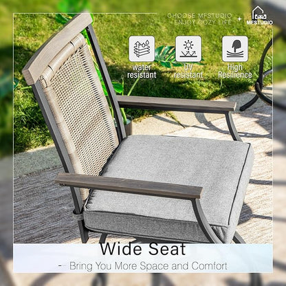 MFSTUDIO Outdoor Counter Height Bar Stool Set of 4, Swivel Rattan Backrest Metal Patio Bar Chair with Armrest and Cushion, All Weather Resistant Patio Chair, Grey