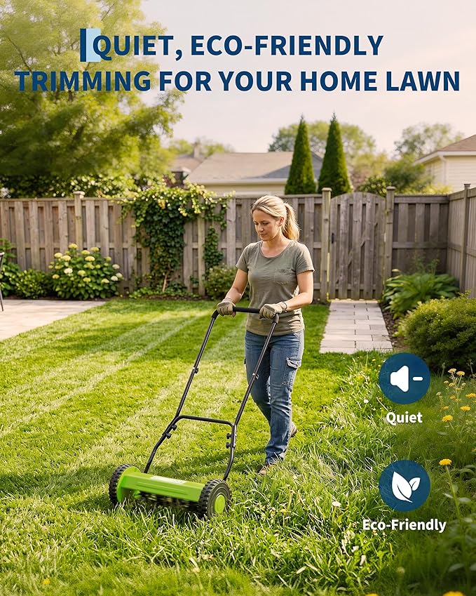 Garvee 14" Push Reel Lawn Mower, 5-Blade Manual Walk-Behind Lawn Mower with Adjustable Cutting Height, Compact Push Mower for Small Yards, Green