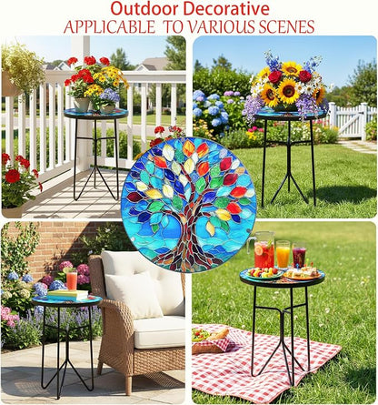 12 Inch Mosaic Colorful Tree of Life Patio Side Table, Small Round End Tables, Glass Plant Tables Indoor, Garden or Living Room Decor Afternoon Tea Dinner Table, Simple Assembly Cast Iron Plant Stand