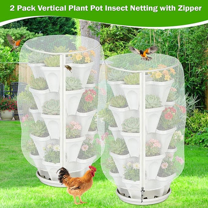 2 Pack Garden Vertical Planter Pot Insect Bird Netting,39.4" x 20" Stackable 5 Tier Strawberry Planter Pot Garden Mesh Plant Cover with Zipper for Outdoor Strawberry Herb Flower Protection