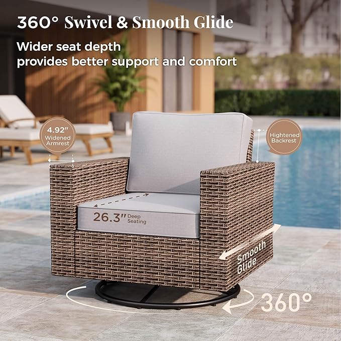 Patio Furniture Set, 6 Pieces Outdoor Furniture Sets, Wicker Conversation Set with Swivel Rocker Chairs, Ottomans and Coffe Table, High Back Conversation Set Garden, Grey