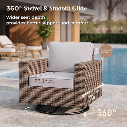 Patio Furniture Set, 6 Pieces Outdoor Furniture Sets, Wicker Conversation Set with Swivel Rocker Chairs, Ottomans and Coffe Table, High Back Conversation Set Garden, Grey