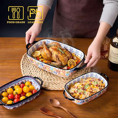 Ceramic Casserole Dishes for Oven, Hand-painted Polish Pottery Baking Dish Set of 2, 0.8QT / 2QT Porcelain Casserole Dish with Handles, Baking Pan Lasagna Pan, Gift for Family/Friend (Yellow)