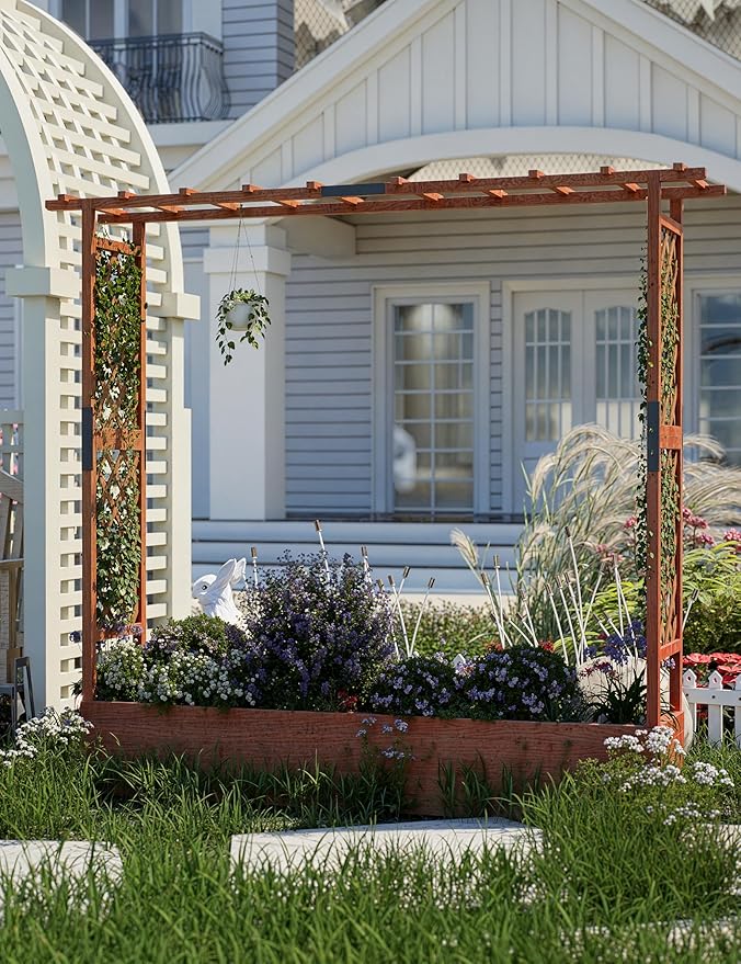 GarveeLife Raised Garden Bed with Trellis, 72 in Wood Planter Box with Side Trellis, Hanging Roof, and 4 Drainage Holes, Freestanding Elevated Garden Bed for Climbing Plants, Vines, Flowers