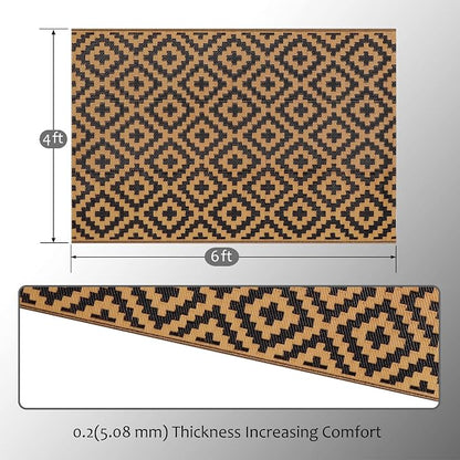 SAND MINE Waterproof Outdoor Rug 4x6 ft, Plastic Straw Area Rug, Large Floor Mat for Outdoors, RV, Patio, Backyard, Deck, Picnic, Beach, Trailer, Camping, Black & Brown Lattice