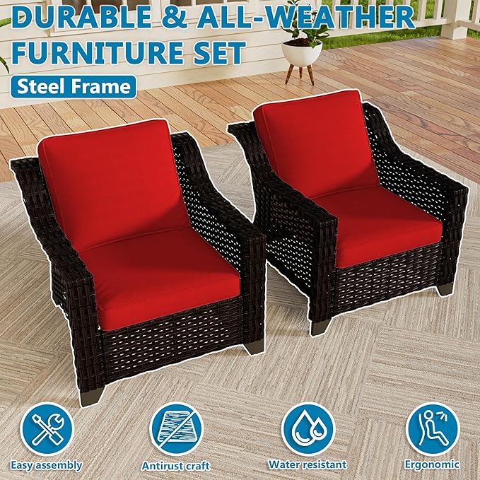 VistaVibe 2 Pieces Outdoor Armchairs, Patio Conversation Furniture Set, Washable Cushions, Luxurious Hand-Woven PE Rattan, Garden, Bistro, Deck, Backyard (Brown/Red)