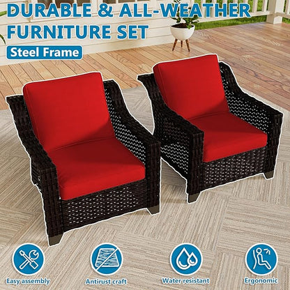 VistaVibe 2 Pieces Outdoor Armchairs, Patio Conversation Furniture Set, Washable Cushions, Luxurious Hand-Woven PE Rattan, Garden, Bistro, Deck, Backyard (Brown/Red)
