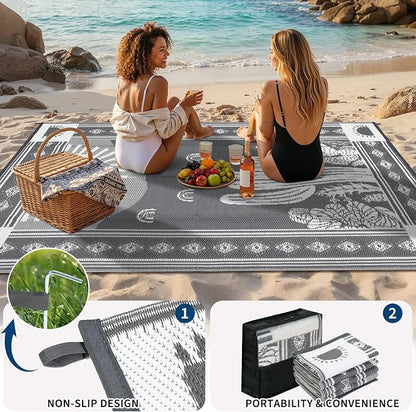 Garvee Waterproof Outdoor Rug 5x8, Cactus Botanical Outdoor Plastic Straw Rug for Camping, Reversible RV Mat Outside, Indoor Outdoor Carpet for Porch, Deck, Backyard, Balcony, Picnic, Grey