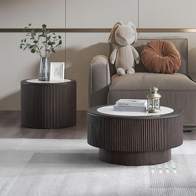 kevinplus ø35.43'' Round Faux Marble Coffee Table for Living Room, Modern Drum Circle Embossment Fluted Pedestal Wooden Coffee Table, No Assembly, Dark Brown