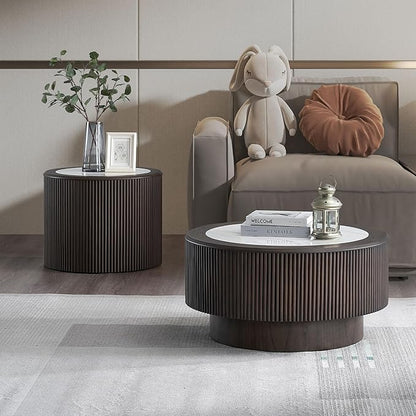 kevinplus ø35.43'' Round Faux Marble Coffee Table for Living Room, Modern Drum Circle Embossment Fluted Pedestal Wooden Coffee Table, No Assembly, Dark Brown