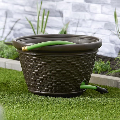 Suncast 6 Pack Decorative Wicker Garden Hose Holder Pot with 4 Drain Holes for 100 Foot Hoses, Java