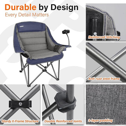 Camping Chairs for Adults-Oversized Extra Large Lawn Chair,Folding Comfy Padded Chair w/Phone Holder,Side Pocket,Cup Holder for Outdoor,Wide&Thick,Heavy Duty 400Lbs,Blue