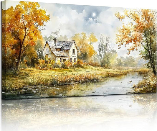 SERIMINO Rustic Landscape Large Wall Art, Forest Lake Cottage Painting Art Prints, Countryside Autumn Scenery Home Decor Artwork, Nature Canvas Wall Pictures for Living Room Bedroom Farmhouse 20"X40"