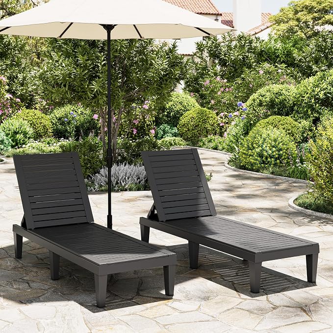 Outdoor Lounge Chairs Set of 2, 5-Position Adjustable Tanning Chairs with Wood Grain, All-Weather Resin Patio Recliners for Pool, Garden, Deck, Beach, Patio Lounge Chairs, Texture Black