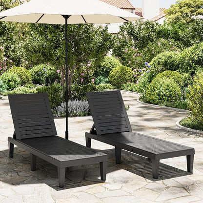 Outdoor Lounge Chairs Set of 2, 5-Position Adjustable Tanning Chairs with Wood Grain, All-Weather Resin Patio Recliners for Pool, Garden, Deck, Beach, Patio Lounge Chairs, Texture Black