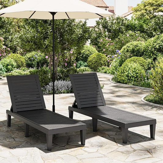 Outdoor Lounge Chairs Set of 2, 5-Position Adjustable Tanning Chairs with Wood Grain, All-Weather Resin Patio Recliners for Pool, Garden, Deck, Beach, Patio Lounge Chairs, Texture Black