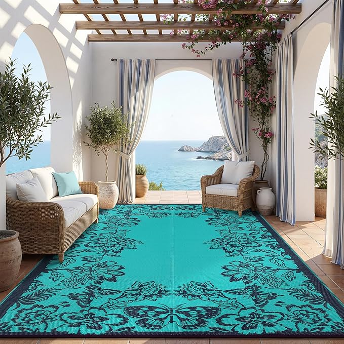 Garvee Outdoor Rugs 9' x 12’ Waterproof Reversible Mats, Large Area Plastic Straw Rug, Outside Carpet, Butterfly Floral Rv Mat for Patio Camping Picnic Backyard Deck Balcony Porch Beach Trailer
