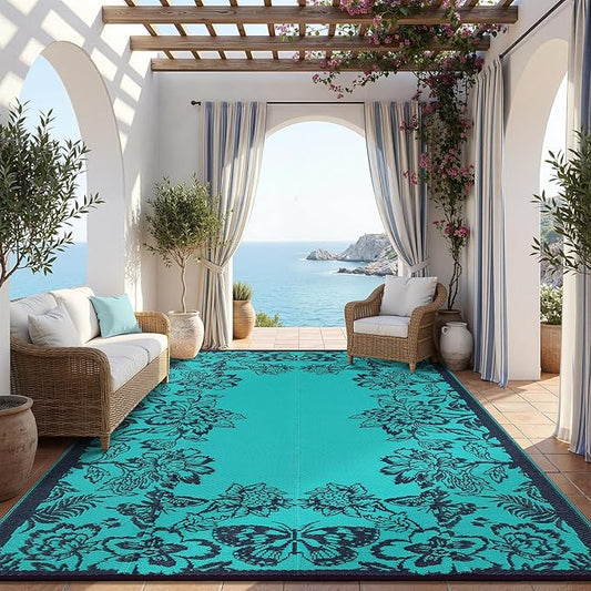 Garvee Outdoor Rugs 9' x 12’ Waterproof Reversible Mats, Large Area Plastic Straw Rug, Outside Carpet, Butterfly Floral Rv Mat for Patio Camping Picnic Backyard Deck Balcony Porch Beach Trailer