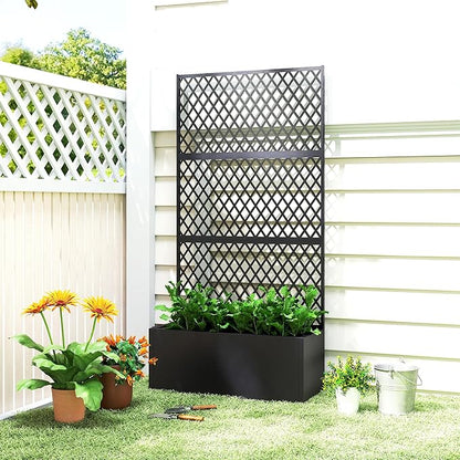 Outsunny Metal Planter Box with Trellis, Raised Garden Bed with Trellis Privacy Screen and Drainage Holes for Climbing Plants, Diamond Lattice Privacy Planter for Garden, Patio, Balcony