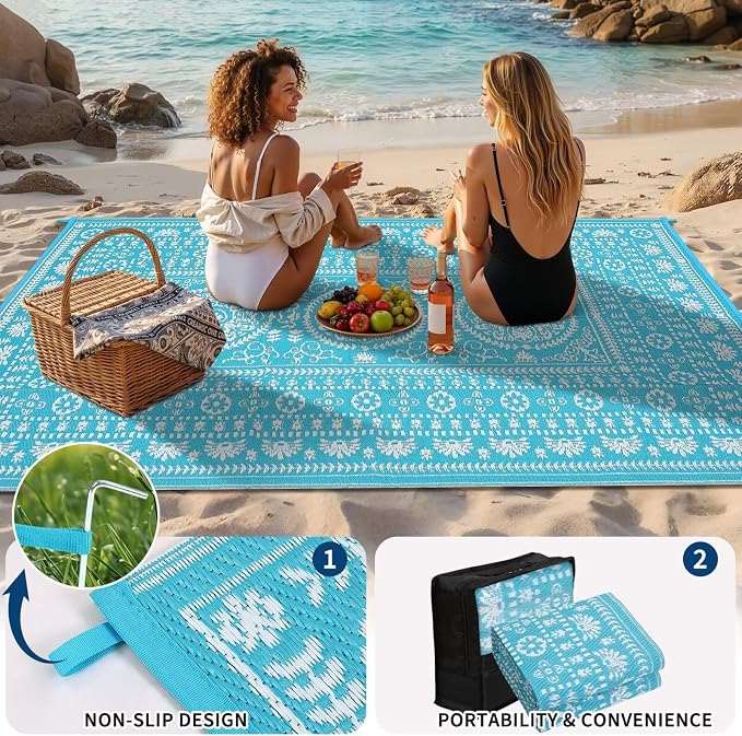 Garvee Reversible Outdoor Rug 5x8 for Patio, Waterproof Outdoor Area Rug, Boho Medallion Indoor Outdoor Carpet for Porch, Plastic Straw Rug for RV, Camping, Deck, Blue and White