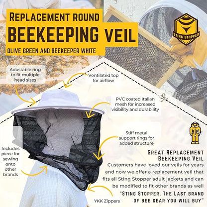 Beekeeping Veil - Replacement Round or Fencing Style, Universal Fit for All Suits & Jackets, 3-Layer Mesh for Maximum Sting Protection, White
