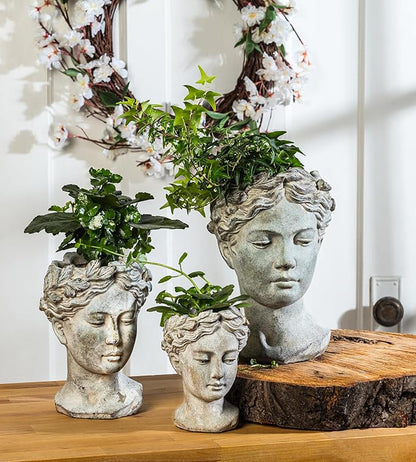Abbott Collection Goddess Head Planter – Small Cement Indoor and Outdoor Planter Pot – Grecian Woman Statue Head Planter for Flowers and Succulents (Grey, 8.5" Tall, 3.5" Opening)