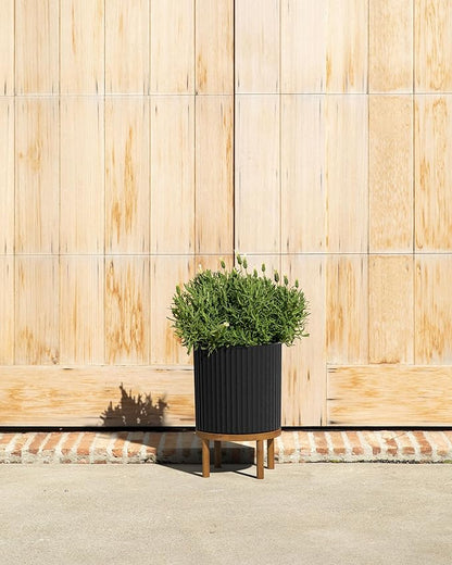 Veradek Demi Series Round Planter w/ Stand for Porch/Patio | Durable Plastic-Concrete & Wooden Stand | Modern Décor for Tall Plants, Flowers
