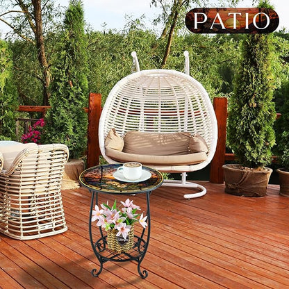 Cinnvoice Outdoor Side Table Round Small Mosaic Patio Accent Indoor End Plant Coffee Tea Table for Yard Patio Porch Garden Living Room, Bedroom(Sunset and Flowers,14 Inch)