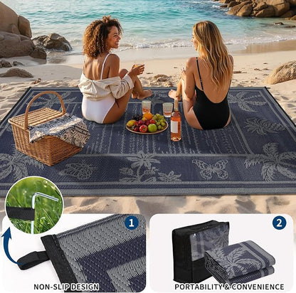 Garvee Outdoor Rug 5x8 Waterproof for Patios, Reversible Plastic Straw Rug, Tropical Leaf Indoor Outdoor Rugs, Large Area Rug for RV, Camping, Deck, Picnic Mat, Outside Carpet, Navy & Grey