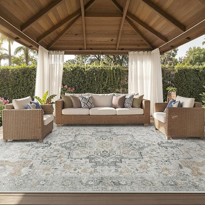 GENIMO Outdoor & Indoor Area Rug 10'x14', Waterproof, Non-Shedding, Easy Cleaning, Boho Mat for Patio, Living Room, Balcony, Dining Room, RV, Deck, Bedroom, Camping, Outside Carpet,Light Grey Brown