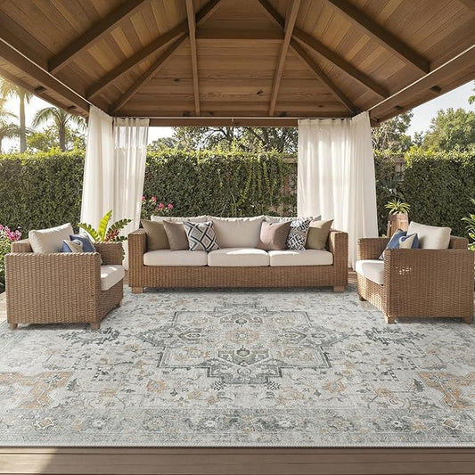 GENIMO Outdoor & Indoor Area Rug 10'x14', Waterproof, Non-Shedding, Easy Cleaning, Boho Mat for Patio, Living Room, Balcony, Dining Room, RV, Deck, Bedroom, Camping, Outside Carpet,Light Grey Brown