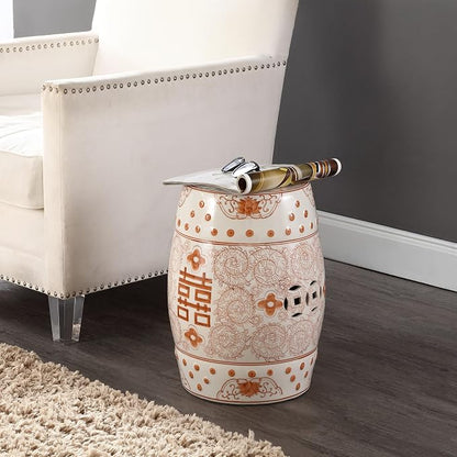 JONATHAN Y Double Happiness 18" Ceramic Garden Stool, Traditional Chinoiserie Orange and White Indoor/Outdoor Patio Drum Accent Side Table and Plant Stand TBL1013D