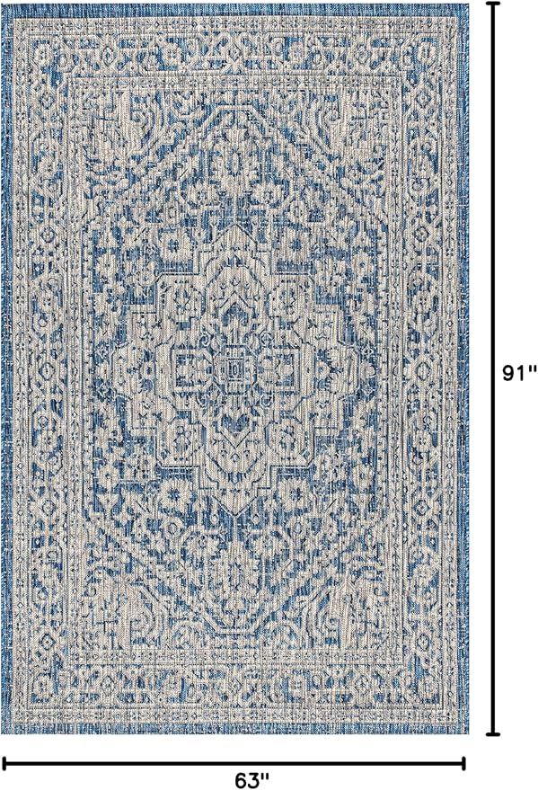 JONATHAN Y Medallion Weave Indoor Outdoor Area Rug 5X8 Navy/Gray, Sinjuri Textured for Backyard, Patio, Porch, Easy-Cleaning, High Traffic, Pet-Friendly, Non-Shedding (SMB101B-5)