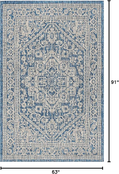 JONATHAN Y Medallion Weave Indoor Outdoor Area Rug 5X8 Navy/Gray, Sinjuri Textured for Backyard, Patio, Porch, Easy-Cleaning, High Traffic, Pet-Friendly, Non-Shedding (SMB101B-5)