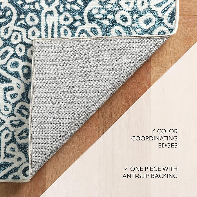 Dash and Albert Temple Ink Machine Washable Area Rug - 2' x 3' Blue - Geometric Accent Rug - Anti-Slip Backing, Lightweight, Machine Washable, High Traffic Areas Kitchen, Mudroom, Laundry Room