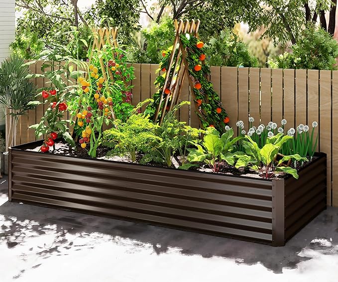 Domi 8×4×1.5 ft Galvanized Raised Garden Bed, Outdoor Planter Garden Boxes Large Metal Planter Box for Gardening Vegetables Fruits Flowers, Brown