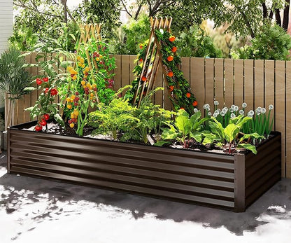 Domi 8×4×1.5 ft Galvanized Raised Garden Bed, Outdoor Planter Garden Boxes Large Metal Planter Box for Gardening Vegetables Fruits Flowers, Brown